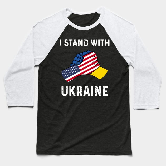I Stand With Ukraine USA and Ukraine Flags Holding Hands Baseball T-Shirt by BramCrye